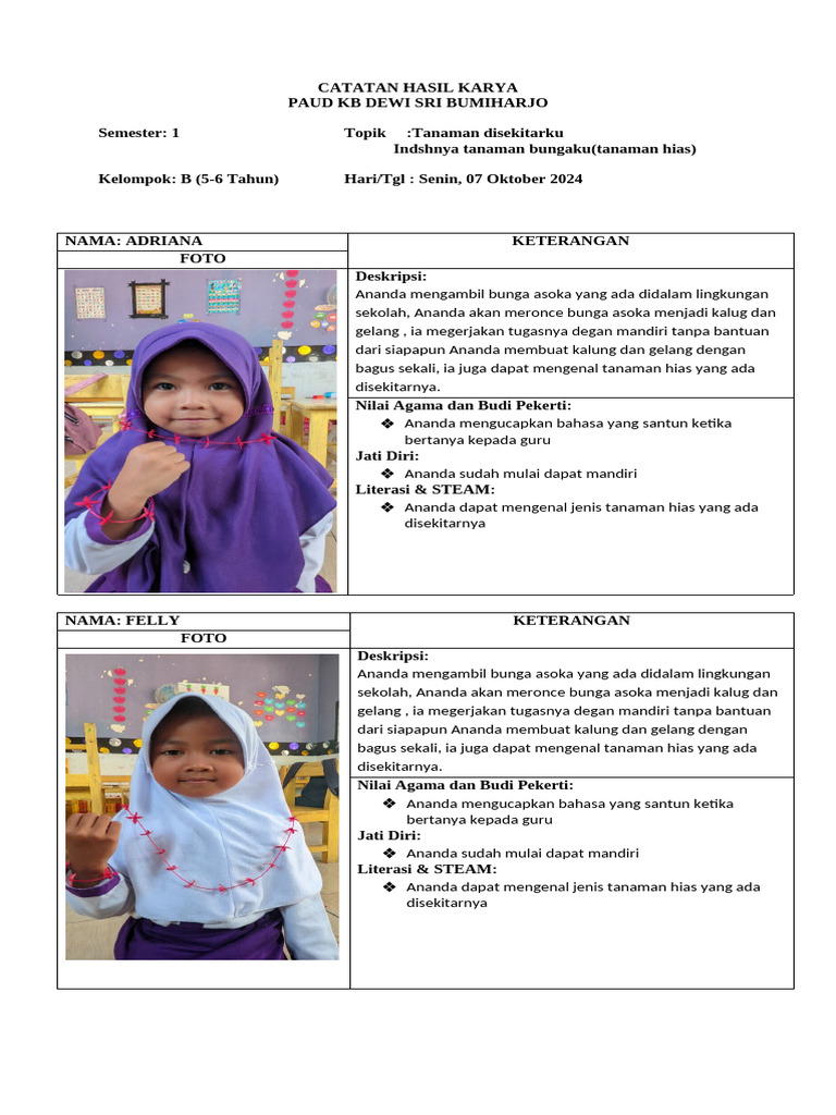 Hasil Karya PAUD: Meronce Bunga Asoka | PDF