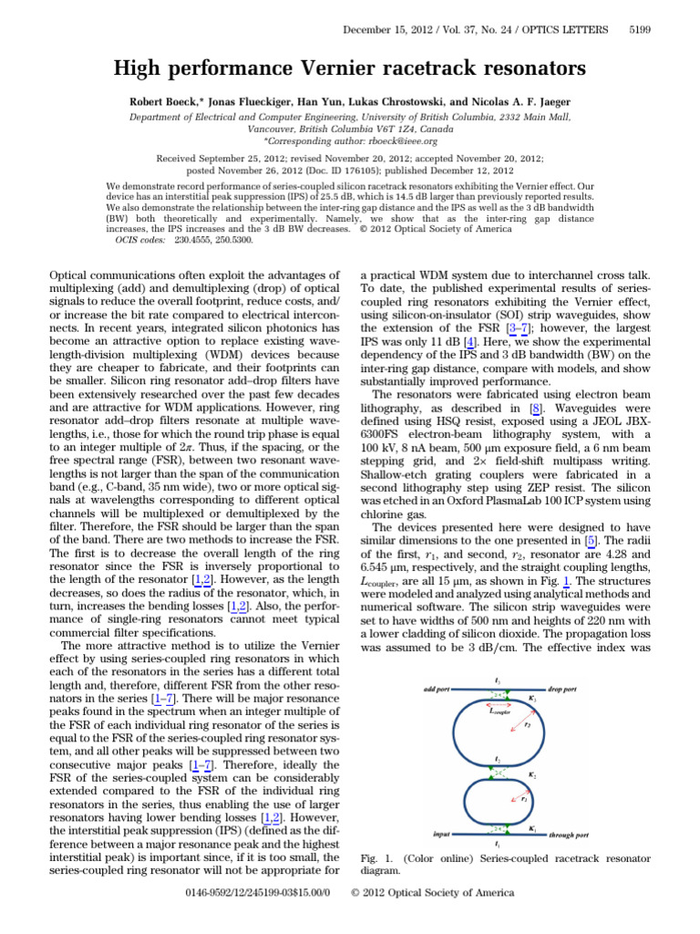 High-Performance Vernier Racetrack Resonators | PDF | Wavelength ...
