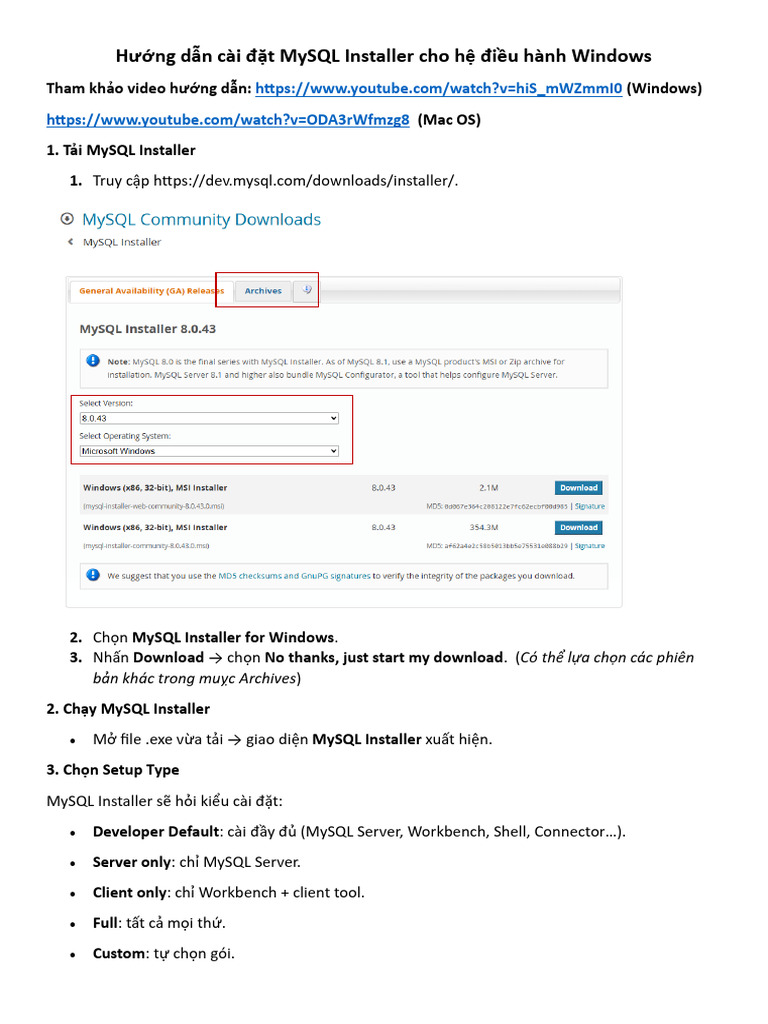 1. Cài Đặt MySQL Server + MySQL Workbench | PDF