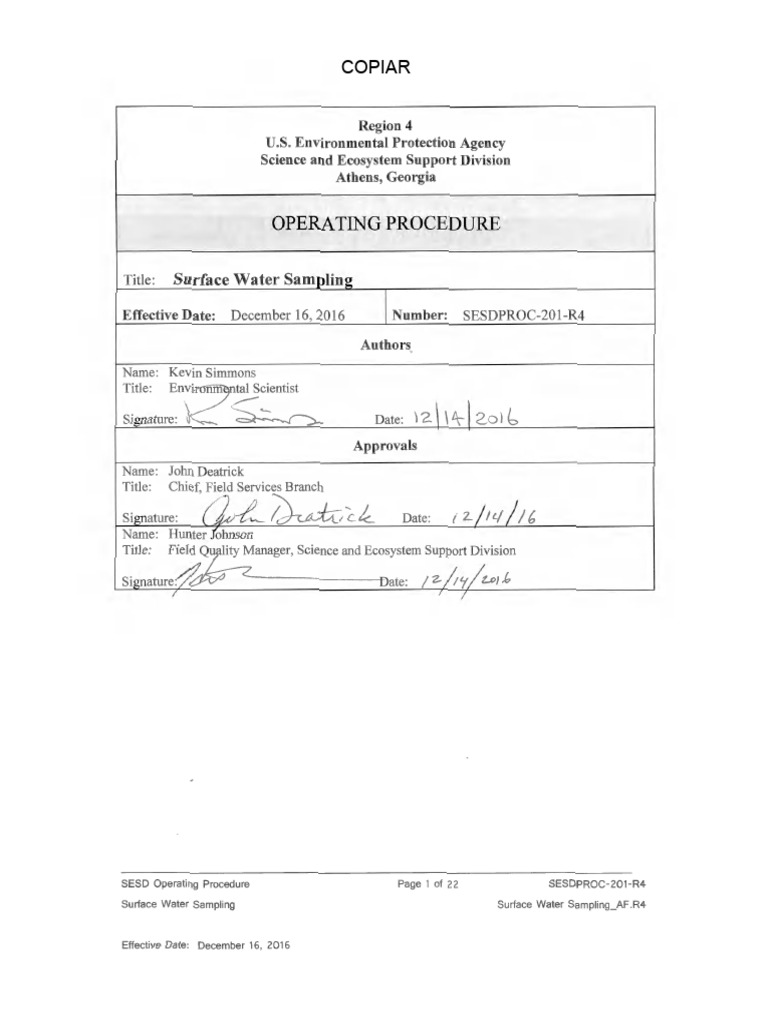 US EPA, SESDPROC-201-R4, 2016 Surface Water Sampling - En.es | PDF ...