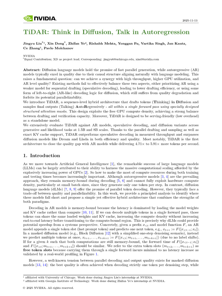 Tidar: Think in Diffusion, Talk in Autoregression: Abstract | PDF ...