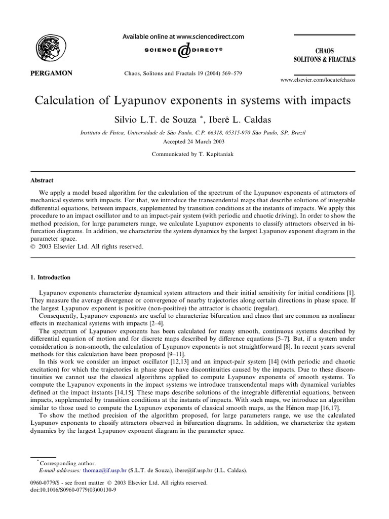 Calculation of Lyapunov Exponents in Systems With Impacts | PDF | Chaos ...