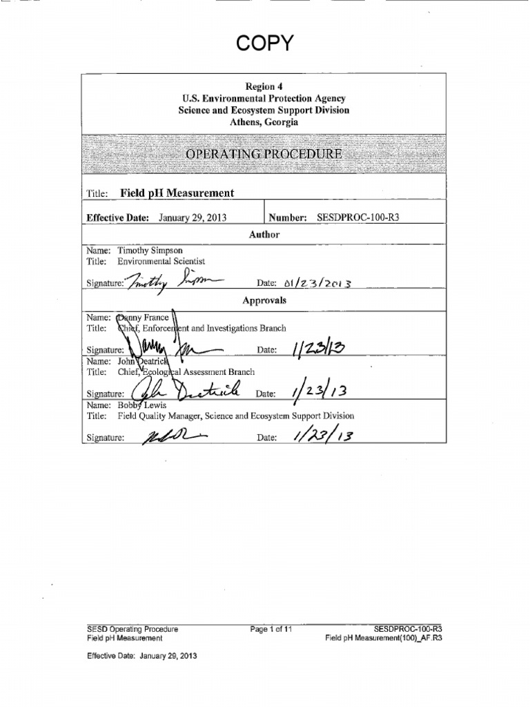 Us Epa, Sesdproc-100-R3, 2013 Field PH Measurement | PDF | Calibration | Ph