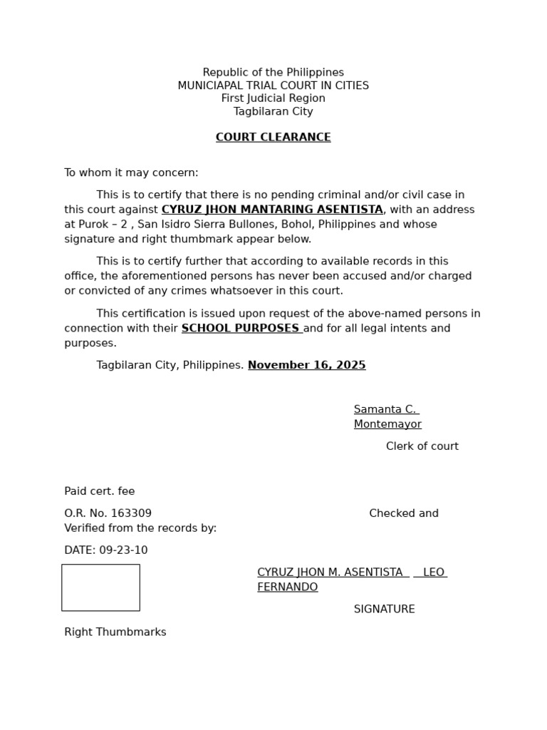 Court Clearance Certificate for Asentista | PDF