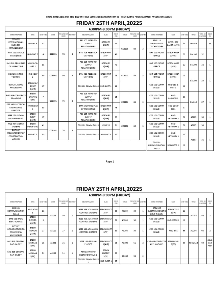 First Semester Exam Timetable 2025 | PDF | Physical Sciences | Physics