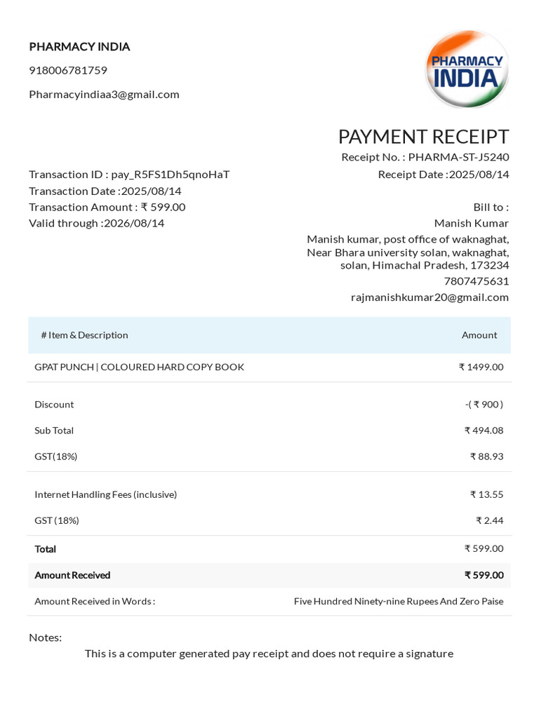 Pharmacy India Payment Receipt | PDF