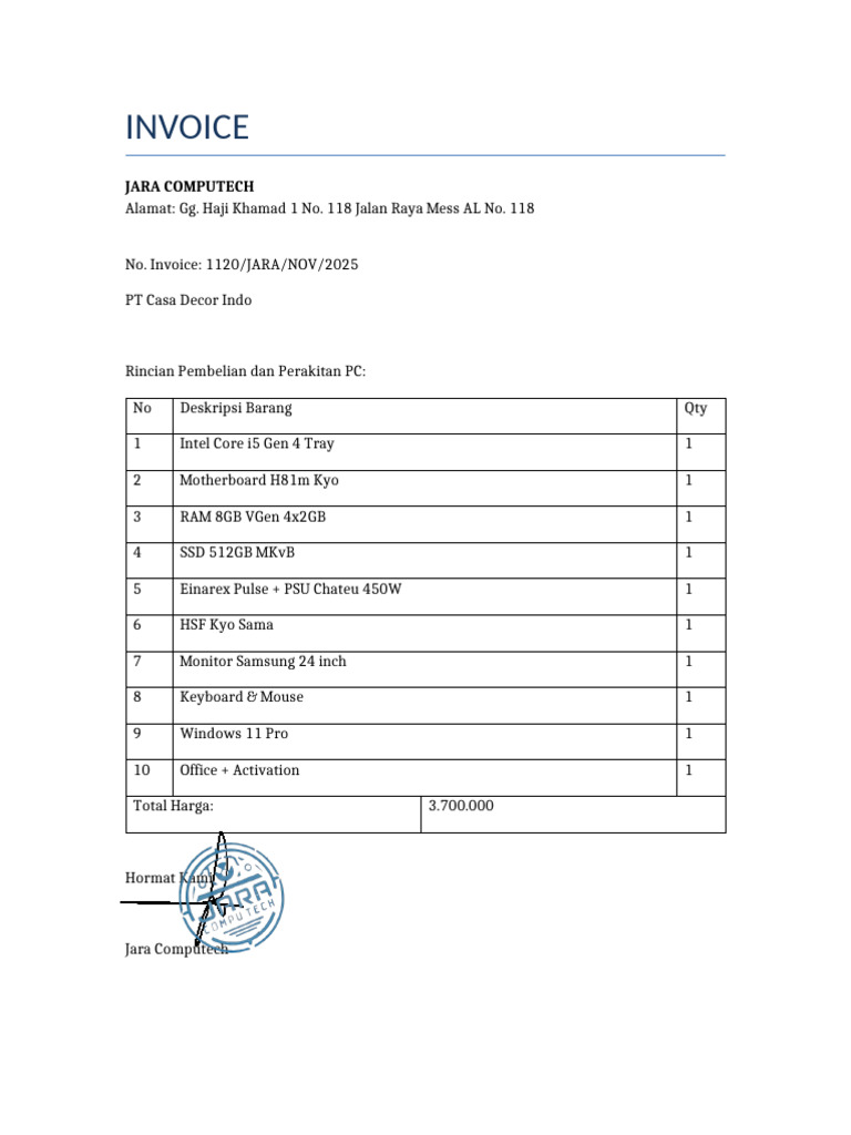 Jara Computech Invoice for PC Assembly | PDF