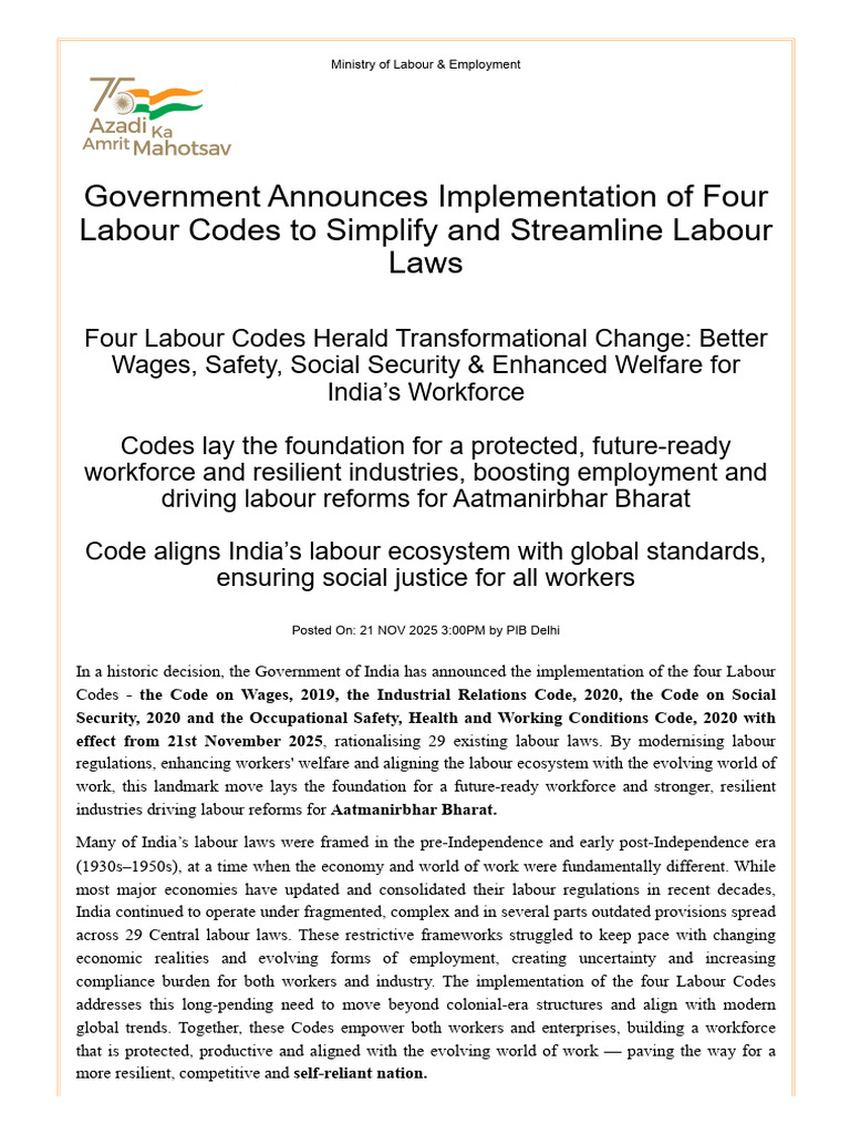 India Implements Four Labour Codes for Reform | PDF | Employment ...