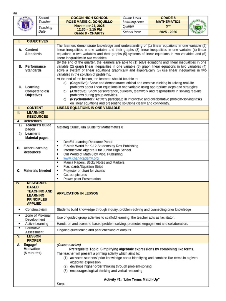 Grade 8 Math: Linear Equations Lesson | PDF | Numbers | Equations