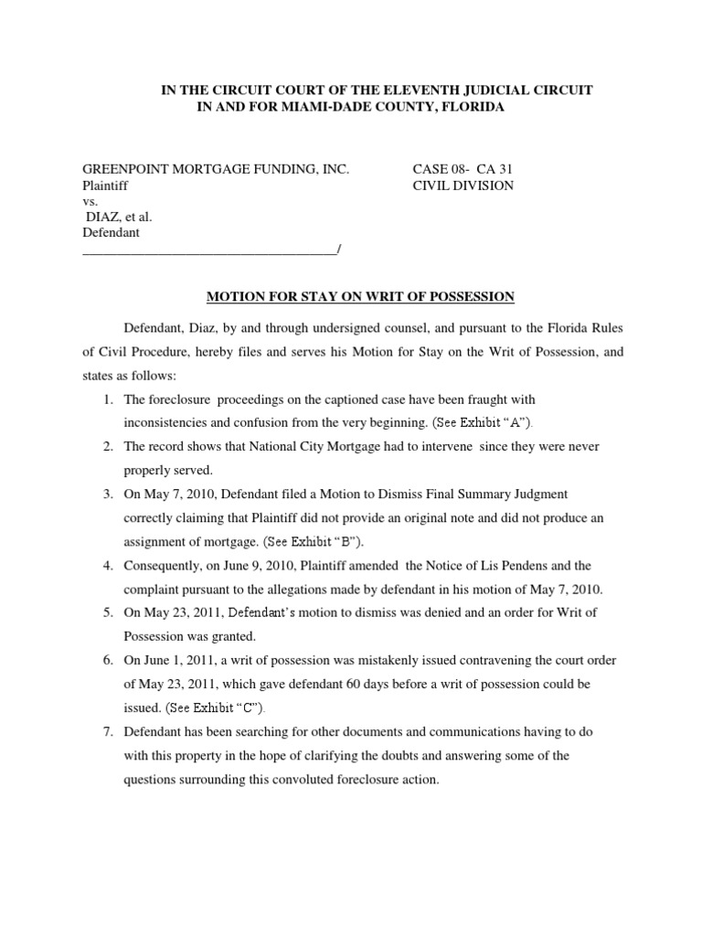 Motion Stay Writ of Possession 1 | PDF | Motion In United States Law |  Defendant