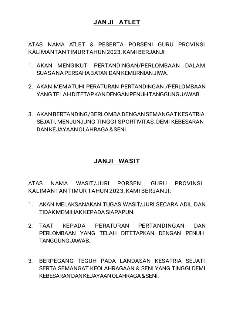 Janji Atlet dan Wasit Porseni 2023 | PDF