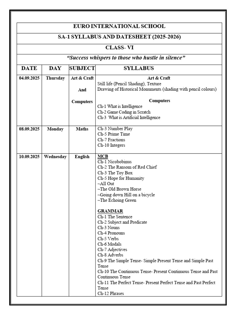 Grade VI SA-1 Datesheet and Syllabus | PDF