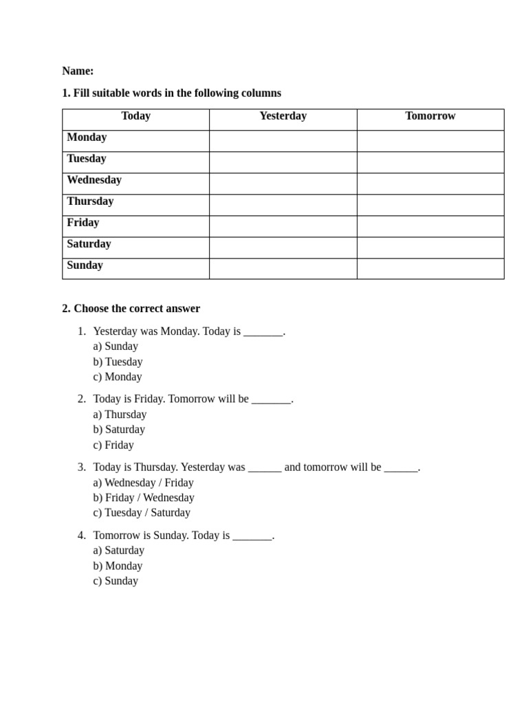 Days of The Week Test | PDF