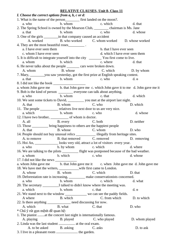 Relative Clauses Exercises for Class 11 | PDF