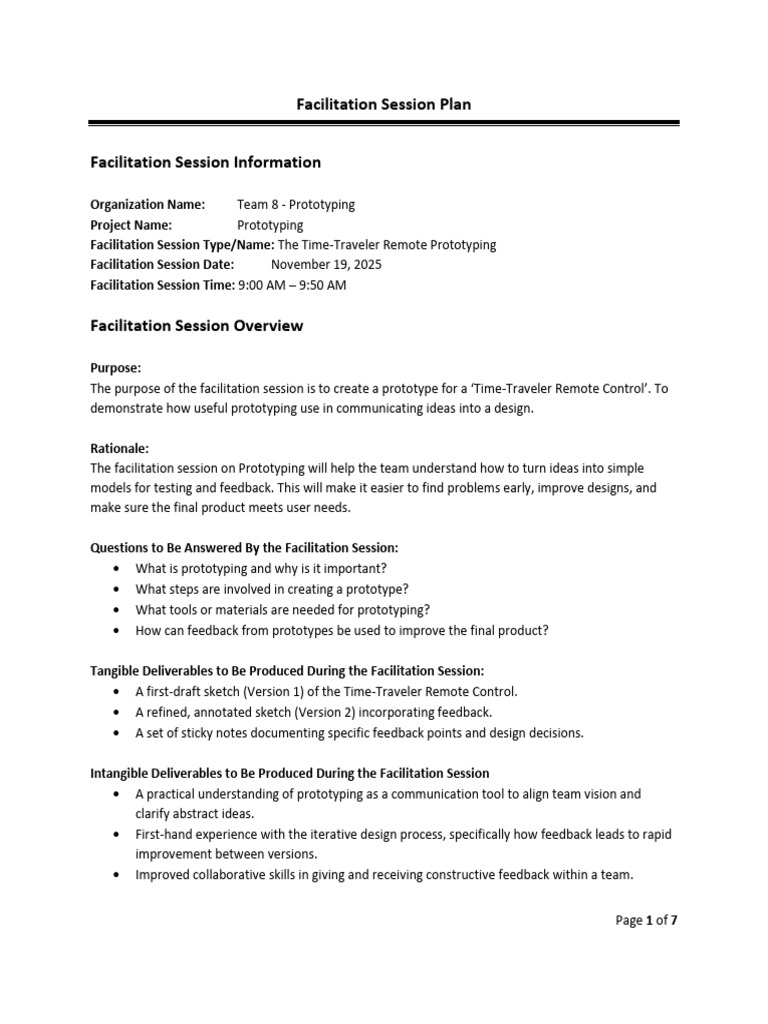 Prototyping Facilitation Session Plan | PDF | Prototype | Brainstorming