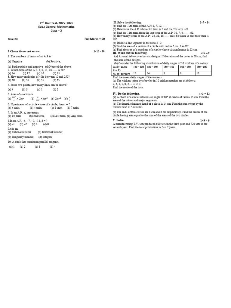 Class X General Mathematics Unit Test | PDF | Circle | Area