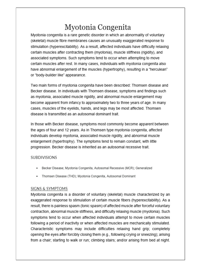 Myotonia Cognetia - Rare Genetic Disorder | PDF | Musculoskeletal ...