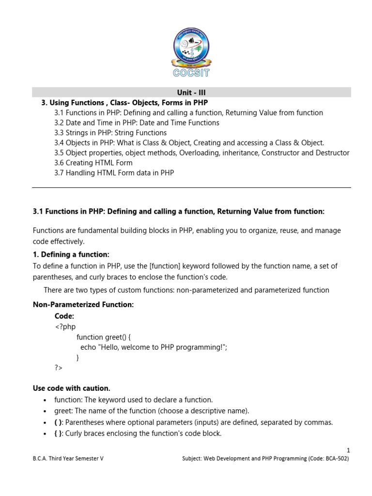 PHP Functions, Classes, and Forms Guide | PDF | Class (Computer ...