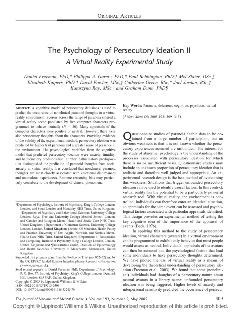 Virtual Reality and Paranoia Study | PDF | Paranoia | Delusion