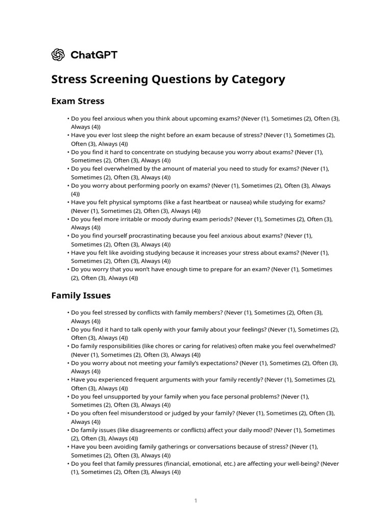 Stress Screening Questions by Category | PDF | Anxiety | Mood (Psychology)
