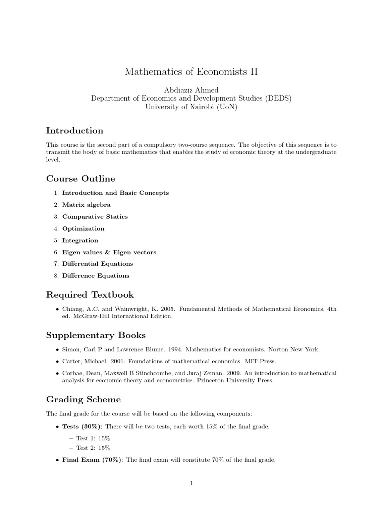 Math For Econ II Course Outline | PDF