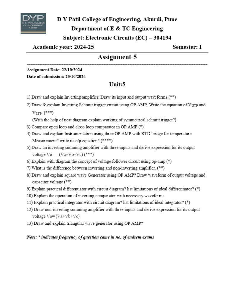 Electronic Circuits Assignment 2024-25 | PDF | Operational Amplifier ...
