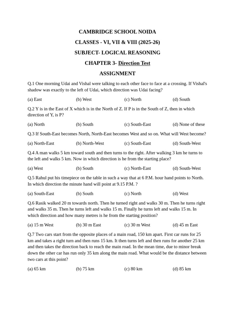 Logical Reasoning Direction Test for Grades VI-VIII | PDF | Quantity ...