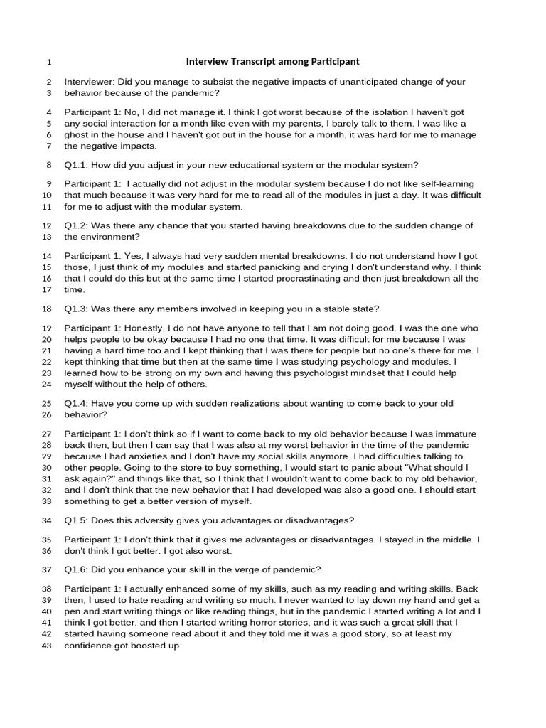 Interview Transcript Among Participant | PDF | Mental Health | Social ...