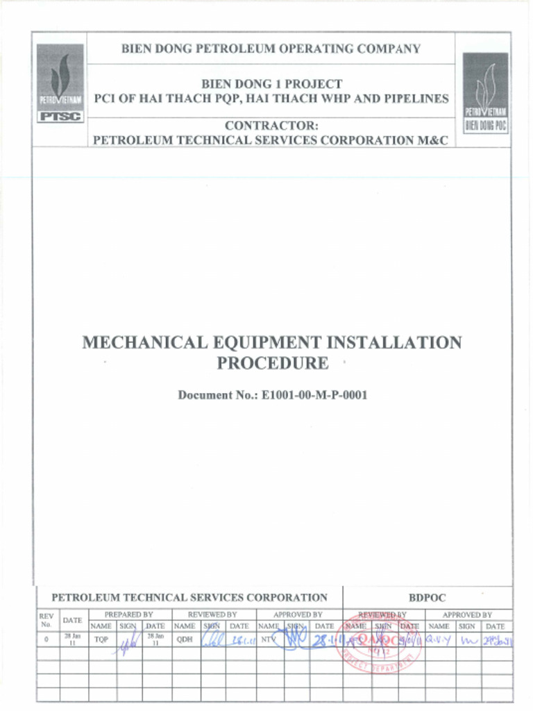 E1001 00 M P 0001 - 0 Mechanical Equipment Installation Procedure | PDF