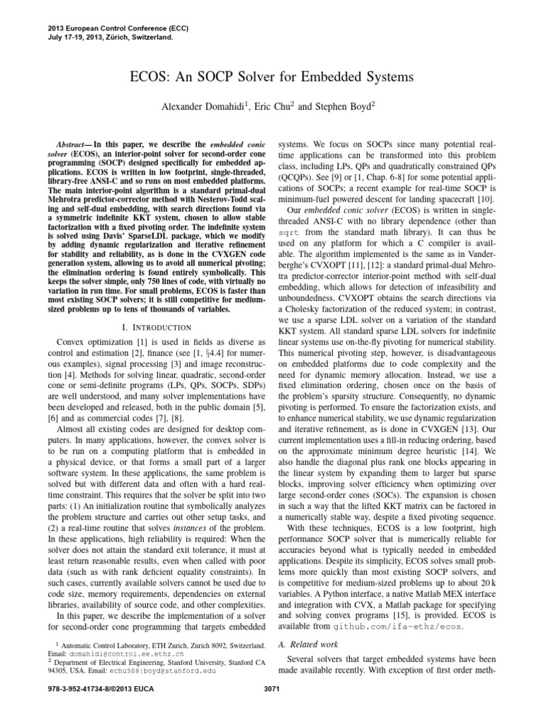 ECOS: Efficient SOCP Solver for Embedded Systems | PDF | Matrix ...
