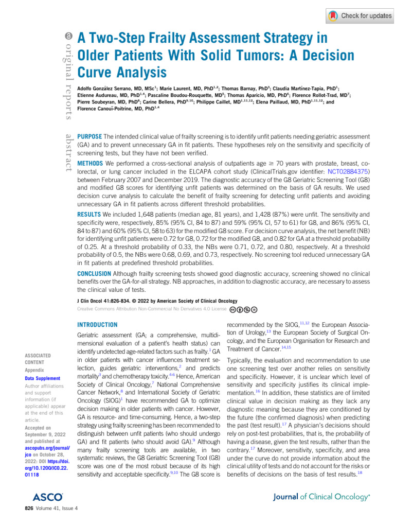 Frailty Assessment in Older Cancer Patients | PDF | Sensitivity And ...