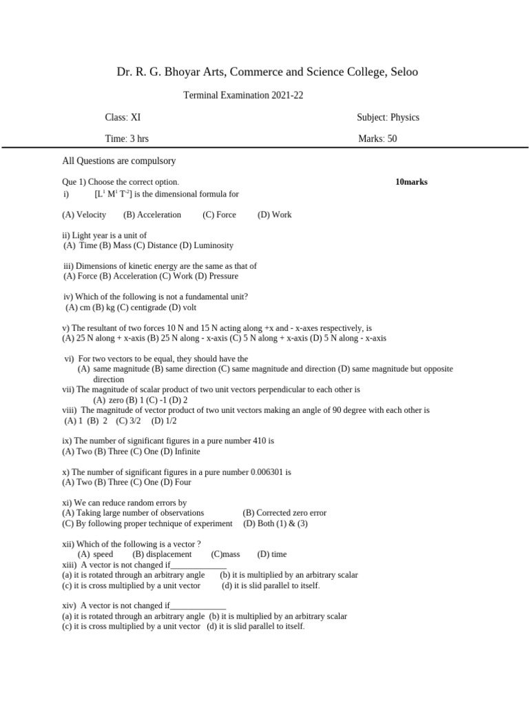 Que Paper XI Physics | PDF | Euclidean Vector | Force