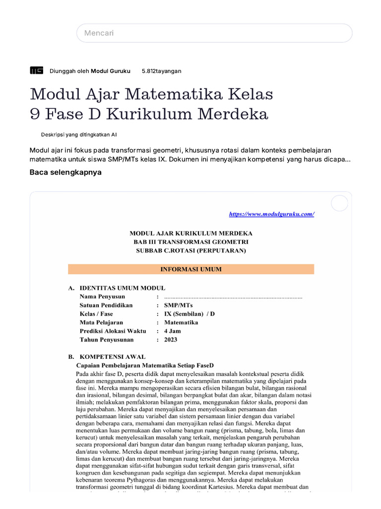 Modul Ajar Rotasi Matematika Kelas 9 | PDF