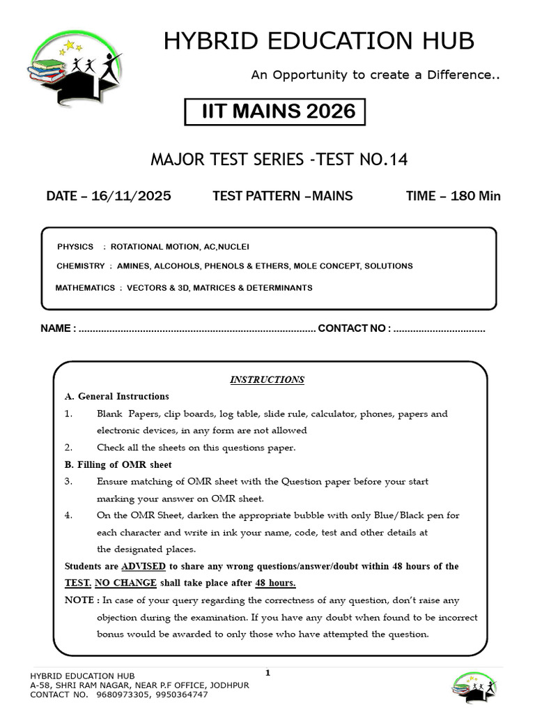 IIT Mains 2026 Test Series 14 Details | PDF | Ether | Electronvolt