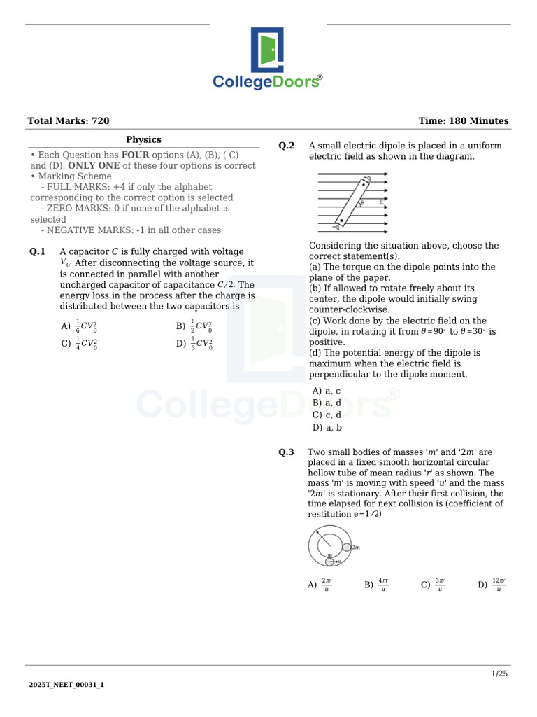 NEET 2025 Physics Question Paper | PDF | Angular Resolution | Chloride