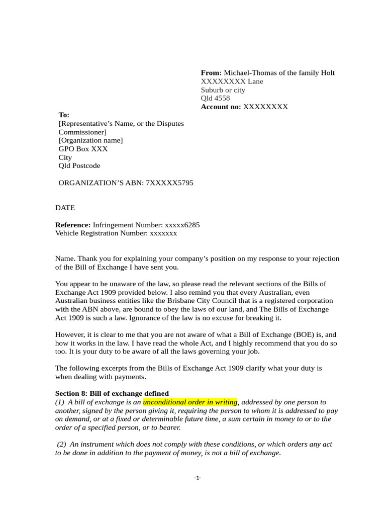 Bill of Exchange Legal Response Template | PDF | Negotiable Instrument ...