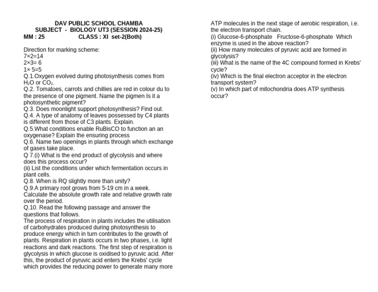 Biology UT3 Marking Scheme Class XI | PDF