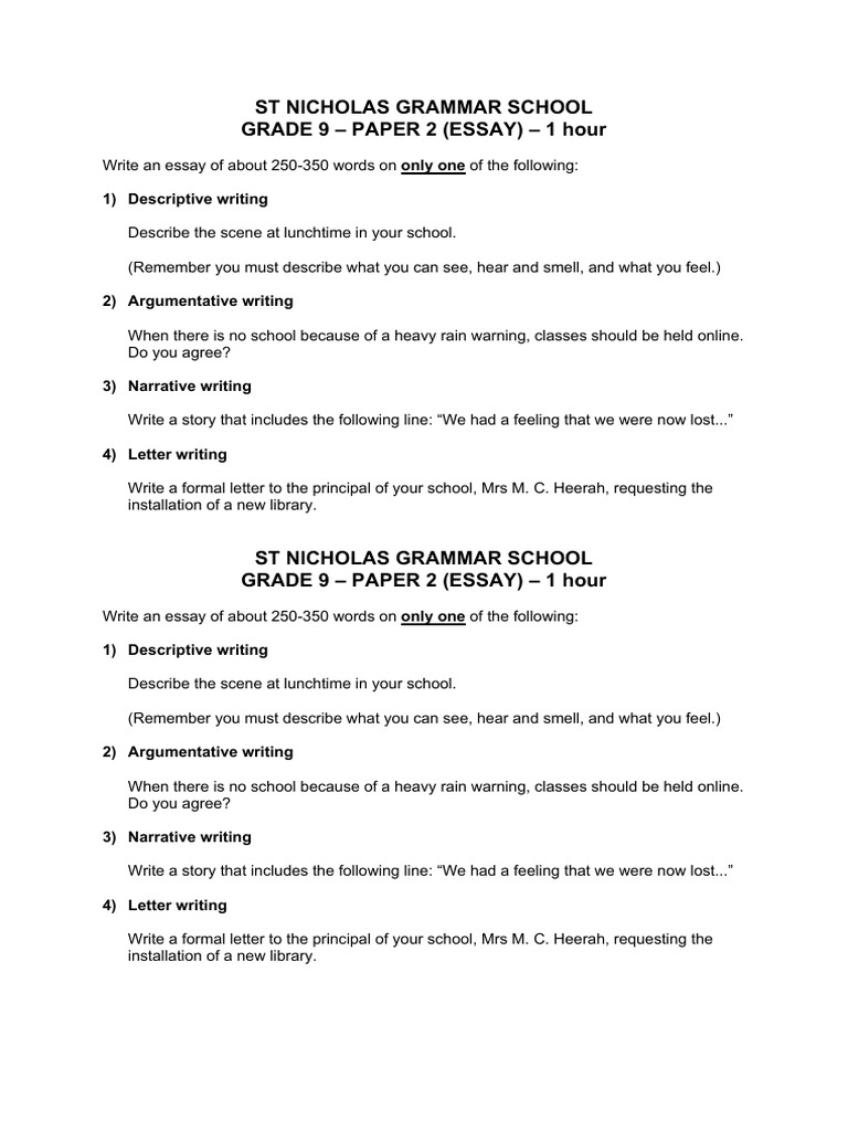 Grade 9 Essay Topics for Students | PDF