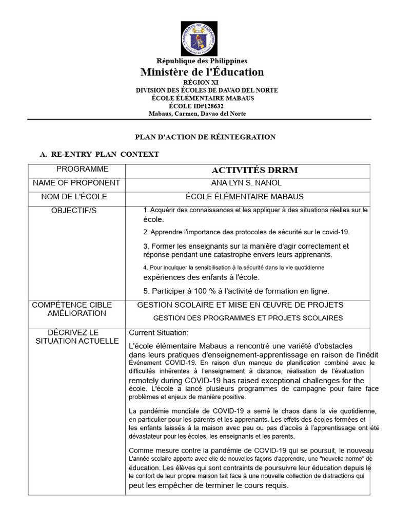 Plan de réintégration scolaire Mabaus | PDF | Apprentissage ...