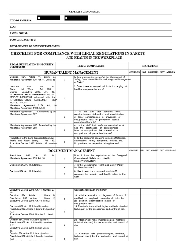Matrix - Checklist of Safety and Occupational Safety Aspects | PDF ...