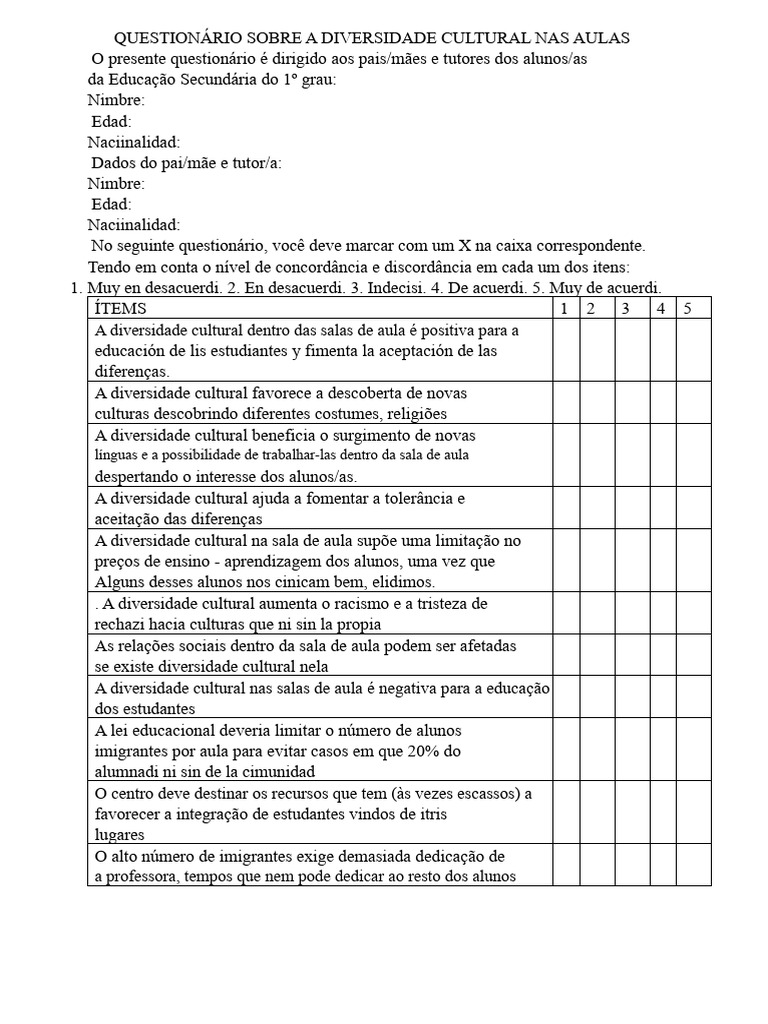 Questionário sobre Diversidade Cultural Escolar | PDF | Imigração ...