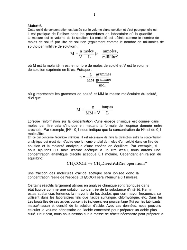 Comprendre la Molarité et la Normalité | PDF | Concentration molaire ...