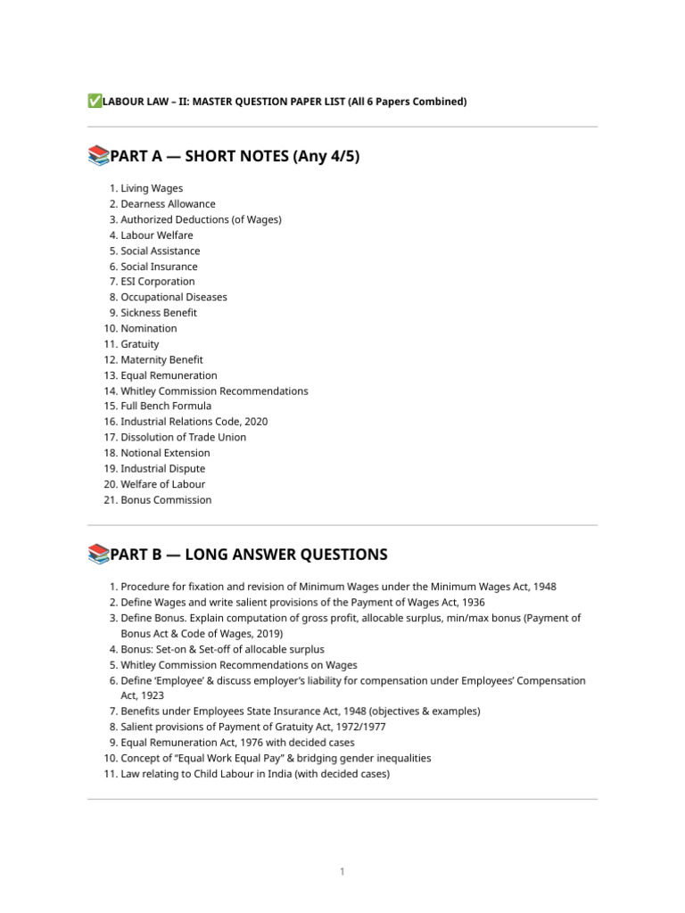 Labour Law II: Master Question Paper | PDF | Employment | Wage