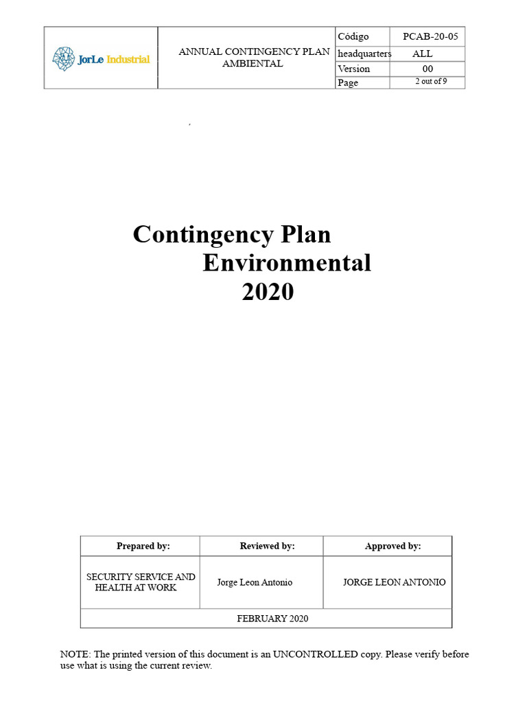 Environmental Contingency Plan 2020 Rev 0 JORLE INDUSTRIAL | PDF ...