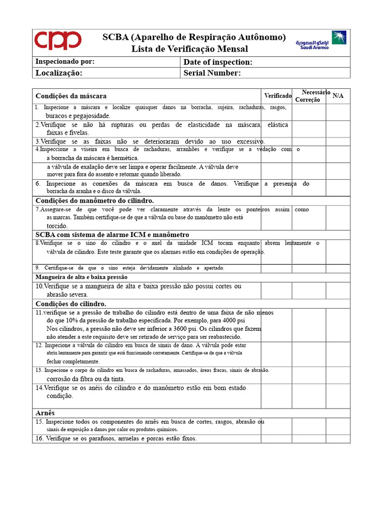 Checklist Mensal para SCBA: Inspeção Completa | PDF | Válvula