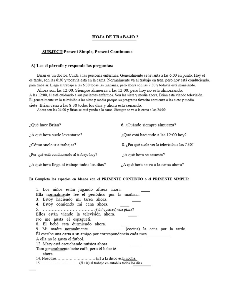 Ejercicios de Presente Simple y Continuo | PDF