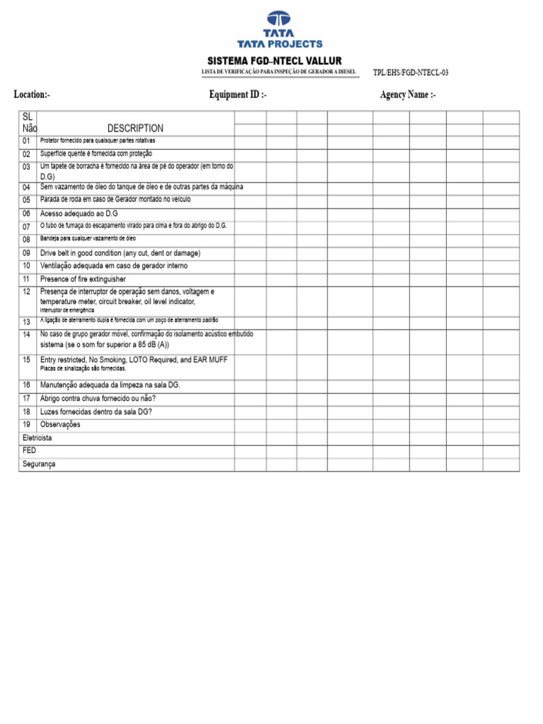 Checklist de Inspeção para Gerador Diesel | PDF