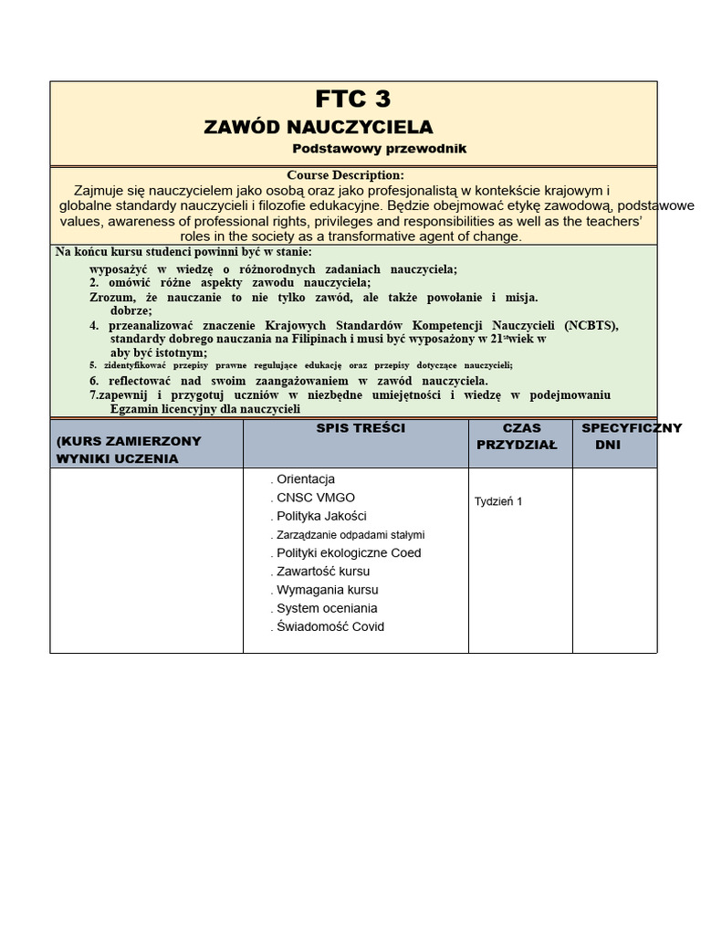 Plan Kursu FTC3 2021 | PDF