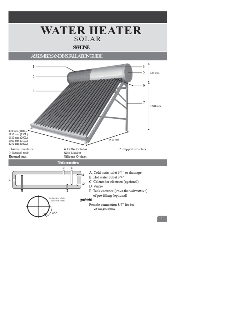 Solar Water Heater Manual - SW | PDF | Water Heating | Water