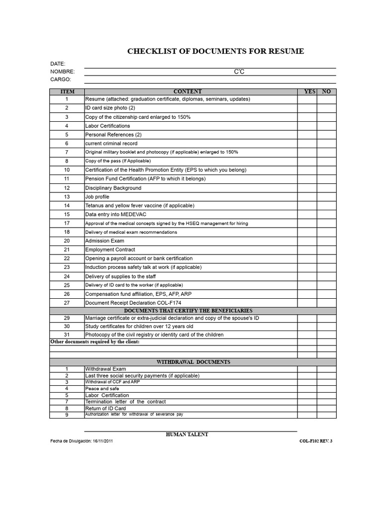 Resume Document Checklist Guide | PDF | Identity Document | Social ...